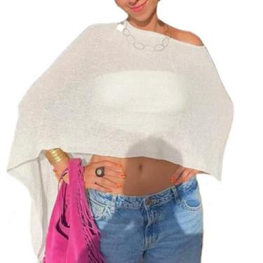 Imagem de Poncho feminino transparente Meihuida em crochê leve branco