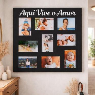 Imagem de Mural Porta Retrato de Parede Aqui Vive o Amor MDF Preto 9 Fotos 10x15