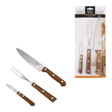 Imagem de Kit Churrasco Multiuso Faca Garfo Em Inox Cabo Madeira 3 Peças - Ke Ho