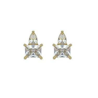 Imagem de Brinco Retangular com Gota de Cristal Banhado a Ouro - Zircônia - VIDI