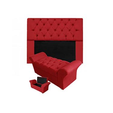 Imagem de Kit Cabeceira Mirage e Calçadeira Baú Veneza Casal 140 cm Suede Vermelho - DL Decor