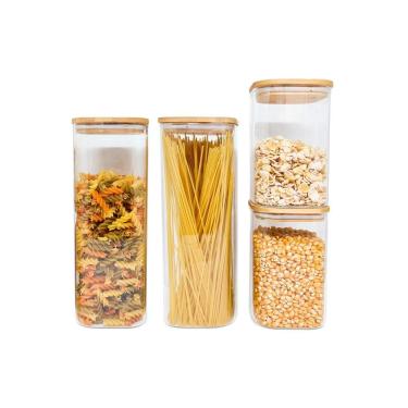 Imagem de Potes De Mantimentos Quad 1900/1100Ml C/Tampa Bambu - 4 Pçs