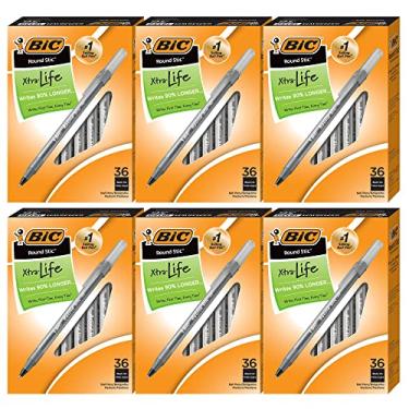 Imagem de BIC Caneta esferográfica Round Stic Xtra Life, ponta média (1,0 mm) – Pacote com 216 canetas pretas