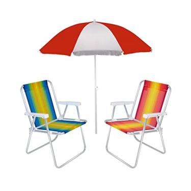 Imagem de Kit 2 Cadeira de Praia Alta Alumínio + Guarda Sol 1,80 Metros Aço - Mor - Vermelho