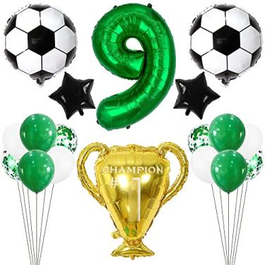 Imagem de Kawailay Balões de futebol 9º aniversário Balões de festa de futebol Campeonato Troféu Balão Verde Escuro Número 9 Balão de Folha para Aniversário Festa de Futebol