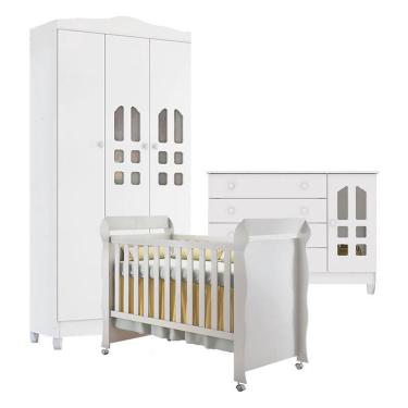 Imagem de Quarto de Bebê New Selena 3 Portas com Cômoda Gran Selena e Berço Mirelle Branco Brilho – Carolina Móveis