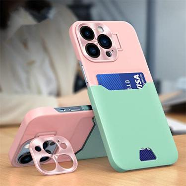 Imagem de Caixa de telefone com suporte invisível para cartão de couro de luxo para iPhone 14 13 12 Pro Max Mini capa protetora de lente de metal, rosa, verde menta, para iPhone 14Pro Max
