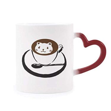 Imagem de Caneca de café com ilustração adorável com estampa de gato sensível ao calor, caneca de grés que muda de cor vermelha