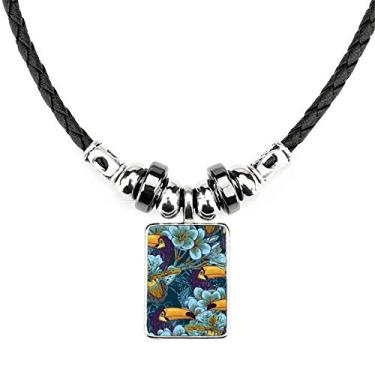 Imagem de DIYthinker Colar de animal de orquídea com padrão contínuo quadrado de pássaro de orquídea com pingente de corda de couro