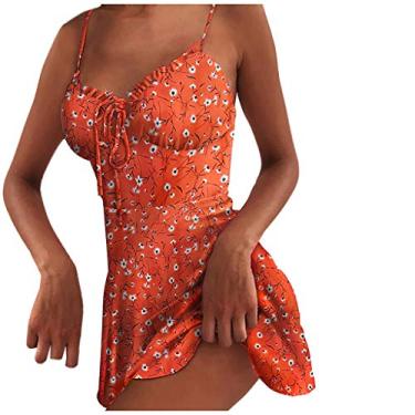 Imagem de Vestido feminino casual de verão com estampa floral margarida, sem mangas, suspensório, aberto nas costas, vestido de praia casual, Laranja, XXG
