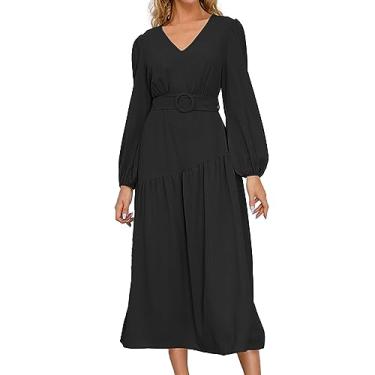 Imagem de UIFLQXX Vestido maxi feminino plus size, outono/inverno, decote em V, liso, com cadarço, vestido slim fit, vestido casual, Preto, XXG