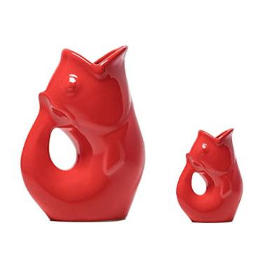 Imagem de Gurgle Pot Conjunto de 2 jarras de peixe, vermelho brilhante, com inspiração francesa, jarro grande de 1,2 l com 3 cremes combinando, utensílios de mesa perfeitos para uso interno ou externo, onças
