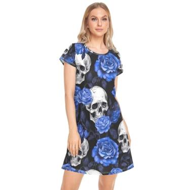 Imagem de CHIFIGNO Camisola feminina com estampa natalina, vestido macio para relaxar, camisolas casuais, Crânios engraçados com rosas azuis, P