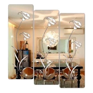 Imagem de Kit 3 Espelhos Decorativos Acrílico Flores Sala Cozinha Prata - Papele