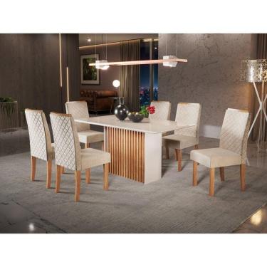 Imagem de Conjunto Sala de Jantar Mesa Cris 1600 Tampo Vidro Canto Arredondado com 6 Cadeiras Elegance Mel/Off-White