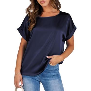 Imagem de ANRABESS Blusas femininas casuais de gola redonda manga curta de seda manchadas camisas elegantes sólidas túnica de negócios tops, Azul marinho, P