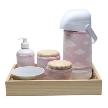 Imagem de Kit Higiene Moderno Nuvem Rosa Quarto Bebê Infantil Menina - Potinho D