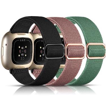 Imagem de Maledan Pacote com 3 pulseiras elásticas compatíveis com Fitbit Sense/Versa 3/Versa 4/Sense 2, mulheres e homens, pulseira trançada esportiva de tecido elástico ajustável para Fitbit Versa 3/Pulseira