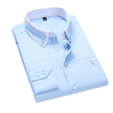 Imagem de Camisa casual estilosa com gola dupla listrada masculina de manga comprida sem passar a ferro, Azul-celeste, M