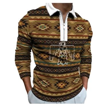 Imagem de Camisa polo masculina impressão digital 3D estampa asteca camiseta polo meia frente zíper Golf pulôver, Marrom, M