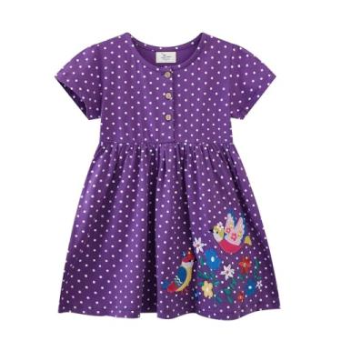 Imagem de FreeLu Roupas infantis para meninas, vestido de desenho animado, casual, manga curta, camiseta de algodão, Pássaros roxos, 2 Anos