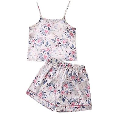 Imagem de Umeyda Conjunto de pijama de seda para meninas e mulheres, camiseta regata e shorts, 2 peças, Cami branco rosa, 9-10 anos