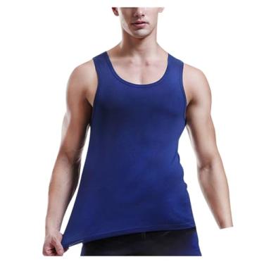 Imagem de Regata masculina cor sólida slim fit roupa íntima esportiva bainha reta emagrecedor camiseta muscular, Azul, G