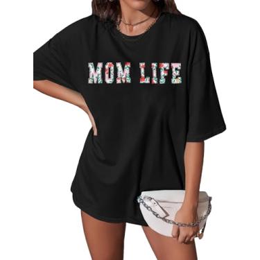 Imagem de Camisetas femininas Mom Life bordadas grandes para mamãe, boêmio, estampa floral, verão, camisetas de manga curta, Preto, GG