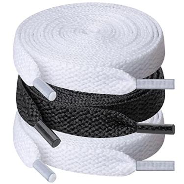 Imagem de 3 pares de cadarços, cadarços planos de 8 mm de largura para tênis atléticos de corrida para adultos, crianças, Branco, preto, branco., 48"