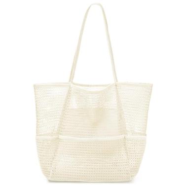 Imagem de KPX Bolsa de praia com mini bolso, bolsa feminina grande dobrável de malha para piscina - à prova de areia, Bege, Large