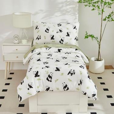 Imagem de Brandream Jogo de cama infantil com estampa de panda e gênero neutro, lençol de cima, lençol com elástico e fronha, 4 peças, branco e verde