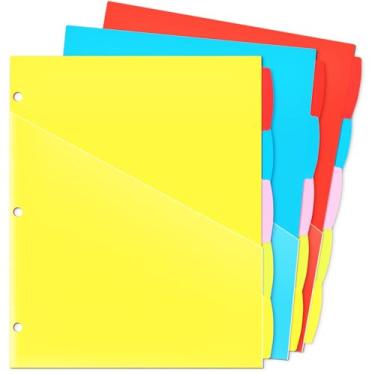 Imagem de WOT I Divisórias de plástico de 5 abas com 2 bolsos transparentes - 3 conjuntos, divisórias de fichário para 3 fichários, cores brilhantes, 15 peças