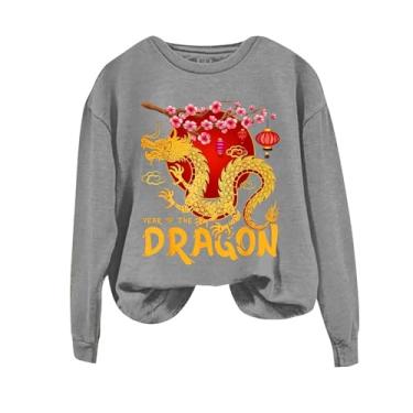 Imagem de Duobla Moletom feminino fashion com estampa do ano do dragão, manga comprida, engraçado, vintage, estampado, pulôver, camisetas fofas, A-1-cinza, G