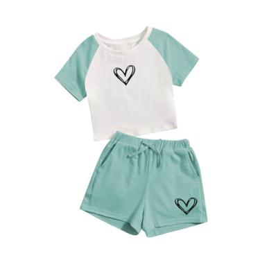 Imagem de SOLY HUX Camiseta feminina de manga curta raglã com estampa de coração colorido e short de 2 peças, Verde e branco multi, 6 Anos