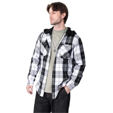 Imagem de KEPUTAY Camisetas masculinas xadrez com capuz casuais de flanela de manga comprida, Preto, P