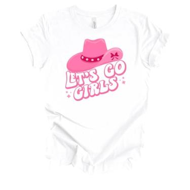 Imagem de Trenz Shirt Company Camiseta feminina de manga curta feminina com estampa de bolha, chapéu de vaqueira rosa Let's Go, Branco, G