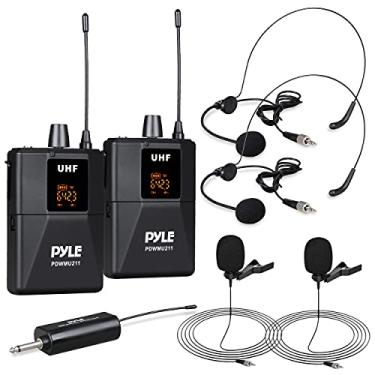 Imagem de Sistema de microfone sem fio Dual UHF – Kit de microfone sem fio portátil profissional sem fio com microfone de fone de ouvido, microfone de lapela, transmissor de cinto, receptor – Karaokê e conferência – Pyle PDWMU211