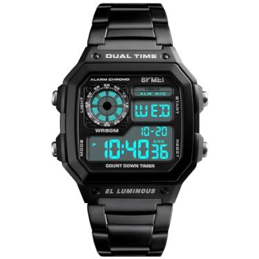 Imagem de PASOY Relógio masculino digital multifuncional com alarme de tempo duplo, cronômetro, contagem regressiva, luz de fundo, relógio à prova d'água, Preto, Medium, Tendência
