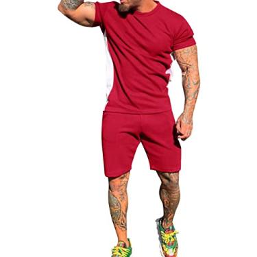 Imagem de Ayo Conjunto de camisas masculinas abotoado masculino verão patchwork manga curta calça curta conjunto de camisa com bolso, vermelho A1, grande, Vermelho A1, G