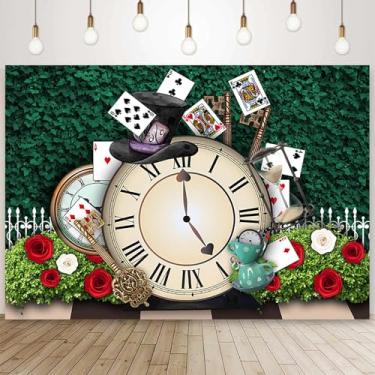 Imagem de Sensfun Tecido Wonderland Tea Party pano de fundo folhas verdes chapéu mágico relógio de bolso fotografia conto de fadas pequenas princesas aniversário chá de bebê decorações banner sessão de fotos