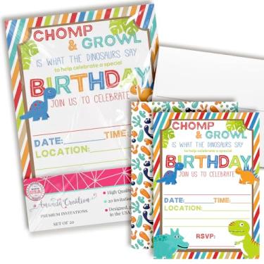 Imagem de Convites de festa de aniversário de dinossauro bonitos e coloridos para meninos, 20 cartões de preenchimento de 12,7 x 17,78 cm com vinte envelopes brancos da AmandaCreation