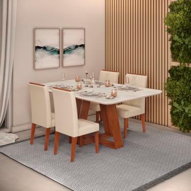 Imagem de Conjunto Sala de Jantar 4 Cadeiras Tampo Sem Vidro 170x90 Dj Móveis Kiara Freijó Quartzo Yasmin Linho Neve