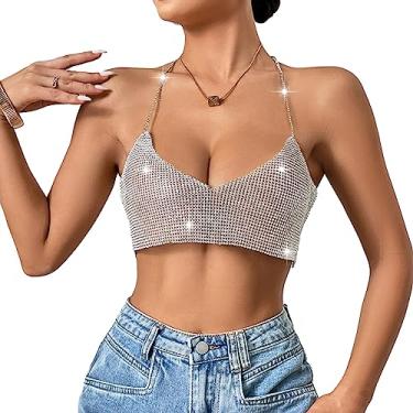 Imagem de Top feminino com glitter, corrente de strass de cristal brilhante, top cropped de metal, lantejoulas, clube, festa, rave, boate, F11067-prata, tamanho �nico