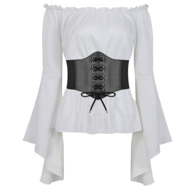 Imagem de Blusa feminina renascentista de Halloween com espartilho cinto medieval vitoriano de fora ombro de fora fantasia cosplay pirata (pequena, branca)