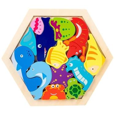 Imagem de Quebra-Cabeça de Madeira 3D para Desenvolvimento Infantil, Brinquedo Educativo Montessori (Animais Marinhos)