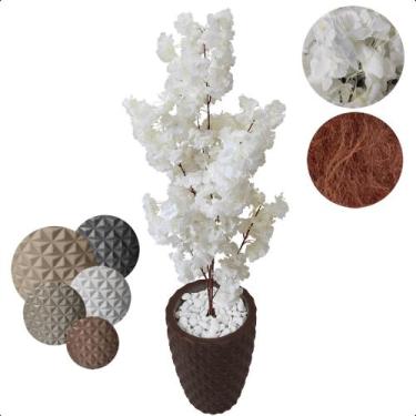 Imagem de Flor Cerejeira Branca Japonesa Arranjo Artificial com Vaso de Decoraçã