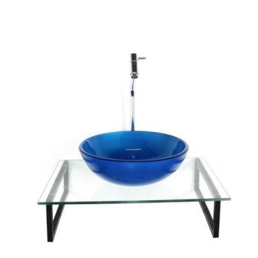 Imagem de Kit Cuba Vidro Redonda 10Mm Azul Escuro Tampo 50Cm Incolor E - Cubas E