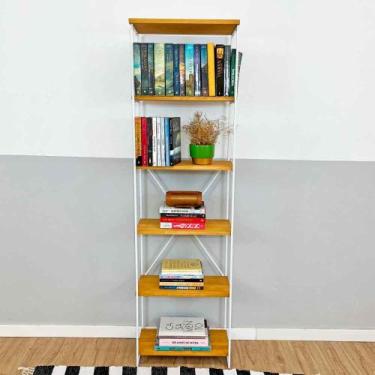 Imagem de Estante Torre Industrial de Ferro e Madeira Slim 6 Prateleiras Nozes e