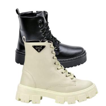 Imagem de Kit 2 Coturno Feminino Blogueira Tratorado GuGi Preto e Off White, Pre