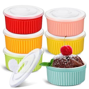 Imagem de 6 conjuntos de ramequins de porcelana com tampas, ramekins, 236 ml, seguro para forno, creme, brulee, suflê, com tampas para forno, tigela de cerâmica empilhável com tampa, assar, pratos de ramekin copos para assar (várias cores)